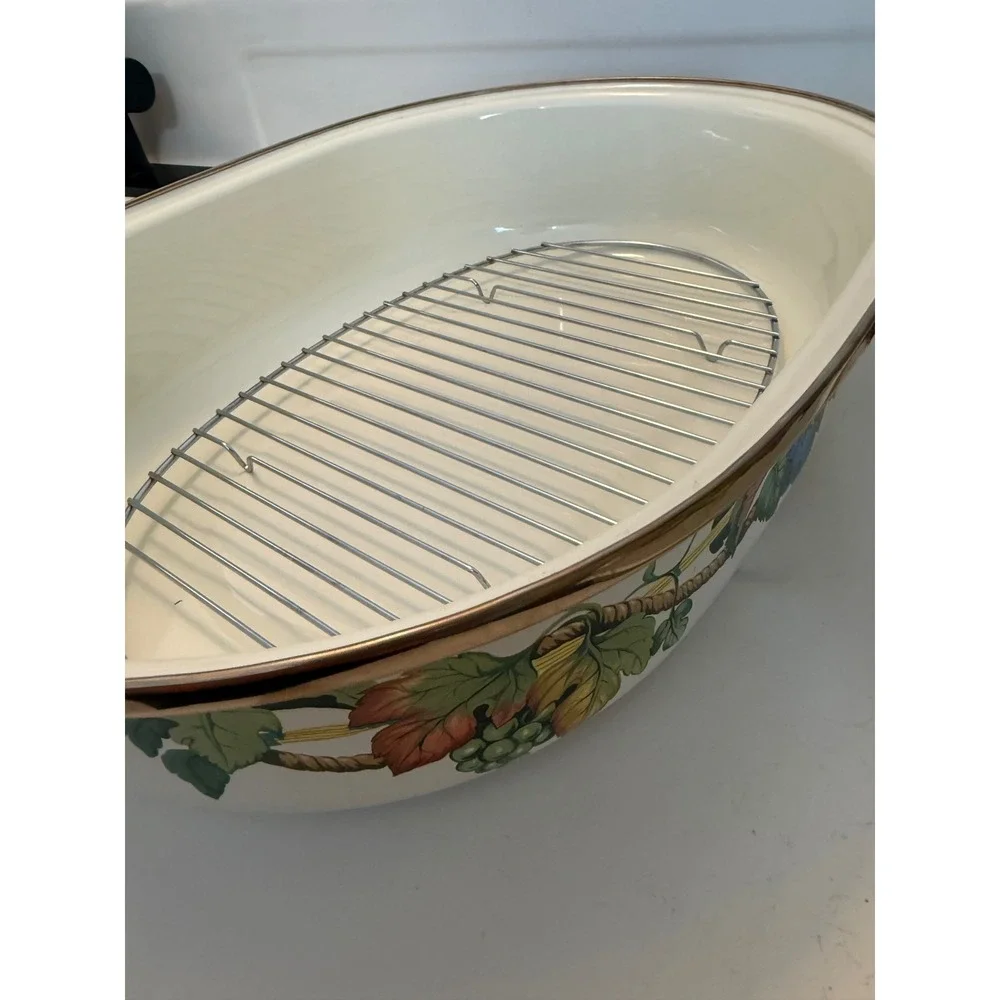 Vintage Fruit Motif Enamelware Roasting Pan with Lid and Rack Brass Handles - Picture 8 of 12
